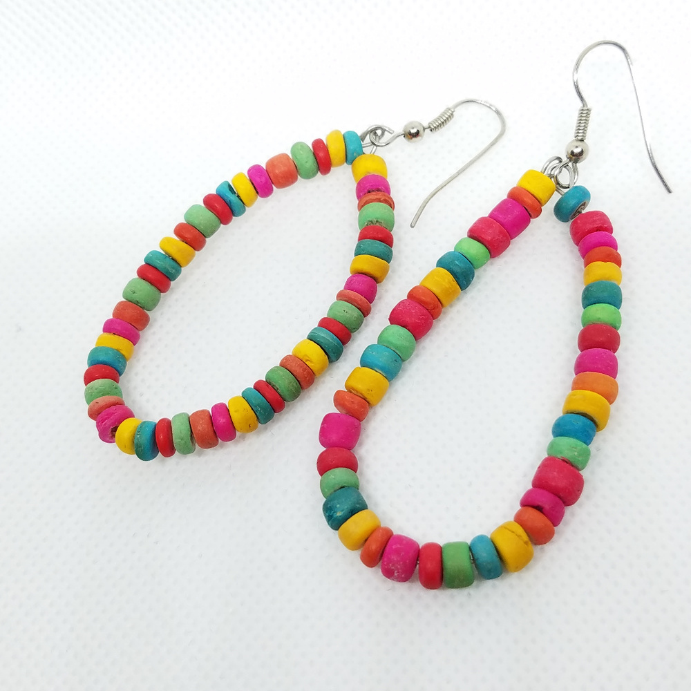 Vintage Rainbow Wood Bead French Hook Earrings